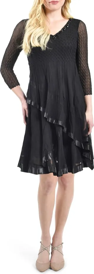 Beaded V-Neck Layered Cocktail Dress