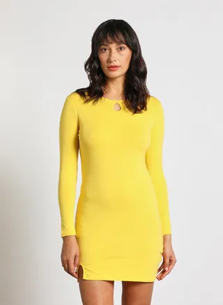 Women's Casul Keyhole Neck Long Sleeve Bodycon Mini Knit Dress Yellow 