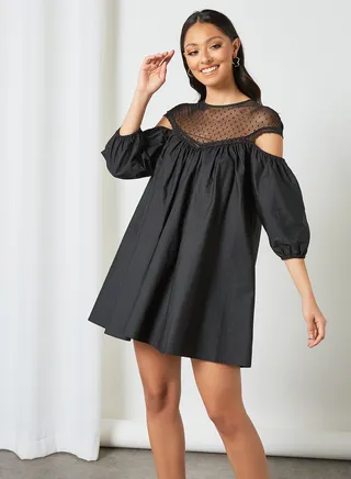 Sheer Yoke Cold Shoulder Dress Black 