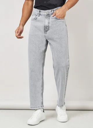 Acid Wash Loose Fit Jeans with Pockets 