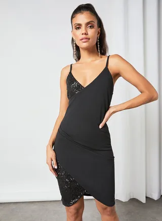 Sequin Strap Mini Dress Black 