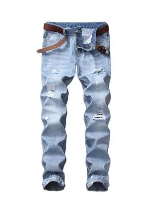 Frayed Hole Hip Hop Denim Loose Jeans Blue 