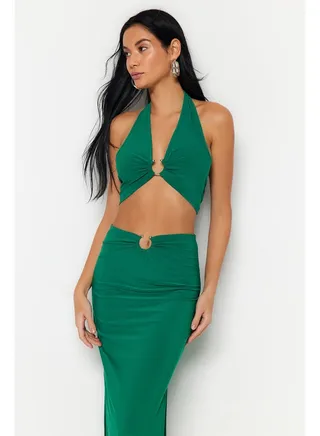 Green Fitted Knitted Blouse Skirt Set with Accessories TBESS23AU00084 