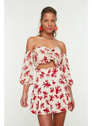 Underwater Patterned Woven Gathered Blouse Skirt Set TBESS21AU0539 