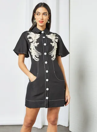 Contrast Embroidery Button Up Dress Black 