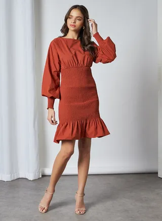 Basic Plain Boat Neck Mini Dress Terracotta 
