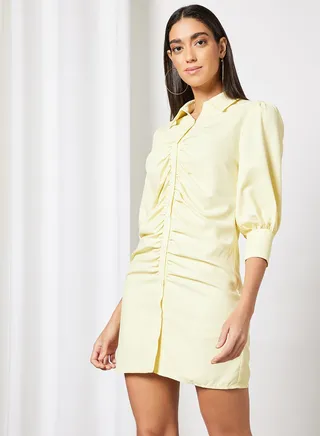Shirt Neck Front Button Ruched Details Dress Yellow 