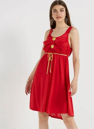 Button Detailed Solid Mini Dress Red 