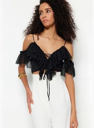 Black Shoulder and Frill Detailed Blouse
