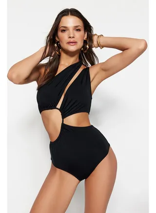 Black One-Shoulder Tunnel Swimsuit TBESS23MA00206 