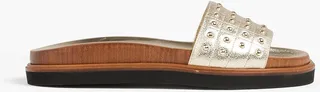 Studded metallic pebbled-leather slides