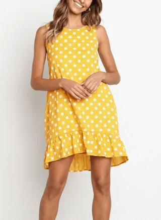 Printed Wave Point Sleeveless Mini Dress Yellow/White 