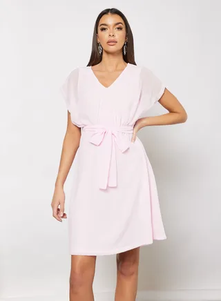 Casual Stylish Wrap Mini Dress With A Belt Pink 