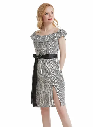 Print Front Slit Mini Dress White/Black 