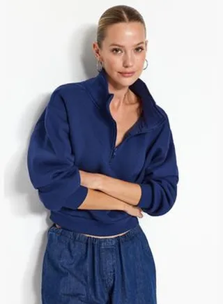 Navy Blue Comfortable Cut Crop Basic Zippered Stand-Up Collar Fleece Inside Knitted Sweatshirt TWOAW24SW00221.