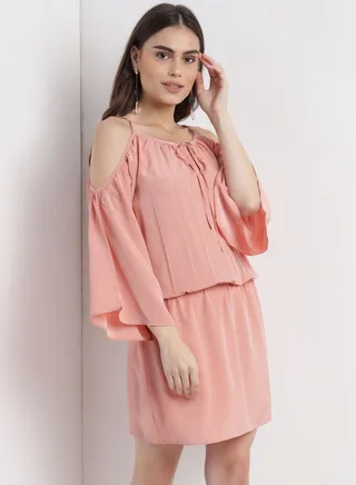 Casual Stylish Soild Mini Dress With Cold Shoulders And Elasticated Waist Pink 