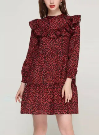 Long Sleeve Pleated Casual Straight Dress Red/Black 