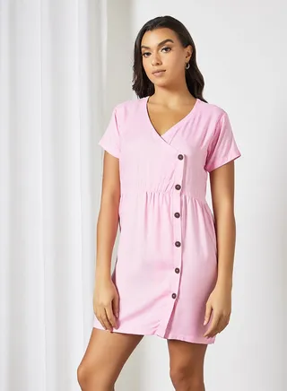 Button Detail Mini Dress Pink 