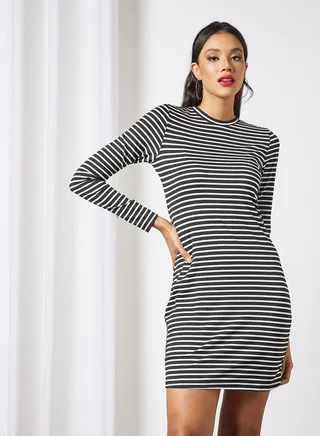 Women's Casual Round Neck Long Sleeve Horizontal Stripe Fitted Mini Knit Dress Black/White 