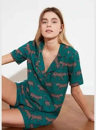 Emerald Patterned Viscose Shirt-Shorts Woven Pajamas Set
