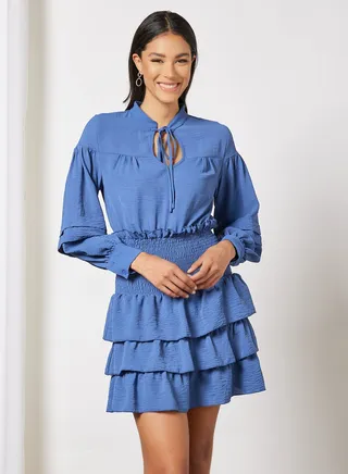Casual Polyester Long Sleeve Mini Dress With Mandarin Notch Tie Neck 78 Navy 