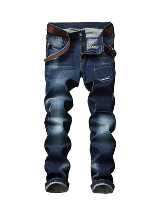 Elastic Ripped Straight Jeans Blue 