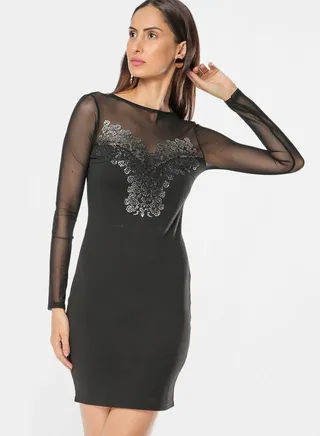 Net Sleeve & Back Panel Dress Black 
