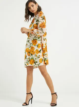 Floral Print Mini Dress Yellow/Green/Beige 
