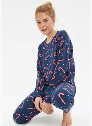 Navy Blue Christmas Themed Printed Knitted Pajamas Set THMAW21PT0771