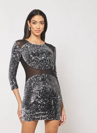 Sequinned Sheer Paneled Dress Silver/Black 