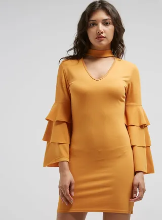 Triple Frill Sleeve Bodycon Dress Yellow 