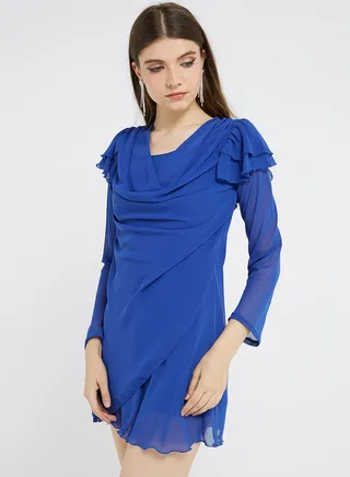 Solid Long Sleeves Mini Dress Royal Blue 