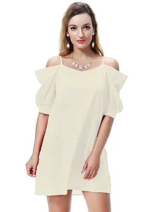 Women's Solid Color Off-Shoulder Mini Slip Dress Beige 