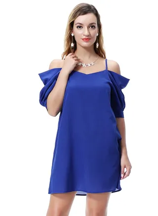 Women's Solid Color Off-Shoulder Mini Slip Dress Dark Blue 