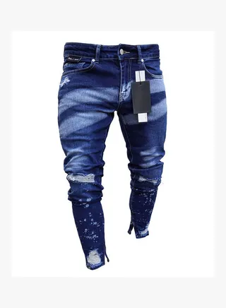 Distressed Denim Pants Dark Blue 