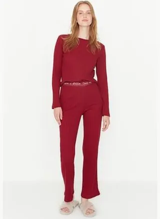 Claret Red Elastic Detailed Corduroy Knitted Pajamas Set THMAW21PT0269