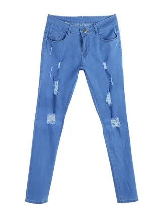 Men Casual Ripped Hole Denim Skinny Slight Stretch Pencil Jeans Blue 