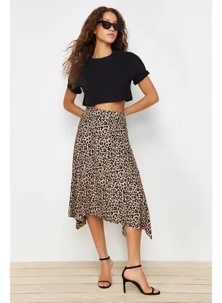 Brown Leopard Pattern Flounce Asymmetric Midi Flexible Knitted Skirt TWOAW20ET0440 