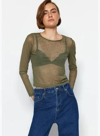 Khaki Stone Print Regular/Normal Fit Long Sleeve Flexible Tulle Knitted Blouse TWOAW24BZ00222.