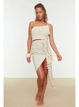 Beige Midi Woven Tasseled Linen Look Skirt TBESS21ET0529 