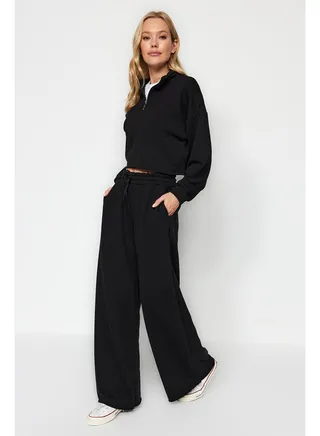 Black Thick Extra Wide Leg High Waist Knitted Sweatpants TWOAW24EA00043 