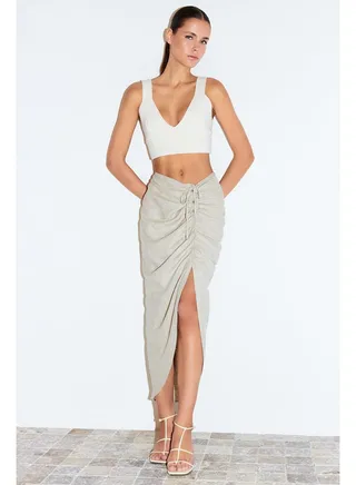 Beige Gather Detailed Cotton Linen Blended Midi Woven Skirt TWOSS24ET00070 