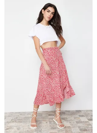 Red Printed String Detailed and Flounce High Waist Stretch Knitted Skirt TWOSS21ET0029 