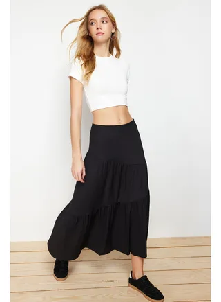 Black Wrapped/Textured Flared Maxi Gathered Flexible Knitted Skirt TWOSS24ET00090 