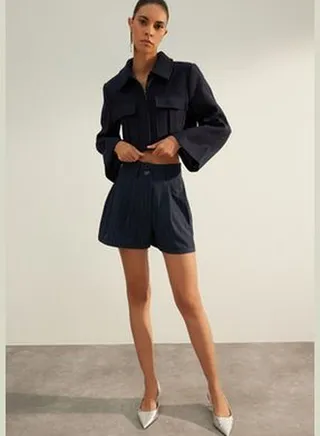 Navy Blue Premium Striped Woven Polyviscon Shorts TWOAW24SR00015