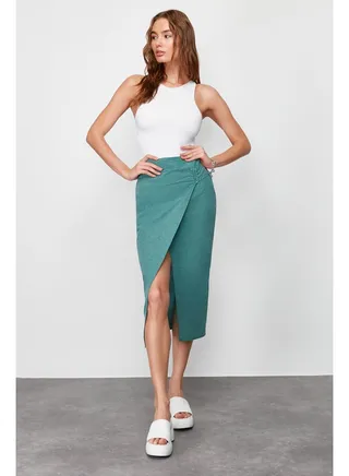 Green Linen Look Buckle Detailed Double Breasted Closure Midi Woven Skirt TWOSS24ET00130 