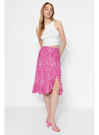 Fuchsia Printed High-waist Midi, Elastic Knitted Skirt with Ruffles and Ruffle Details TWOSS21ET0029 