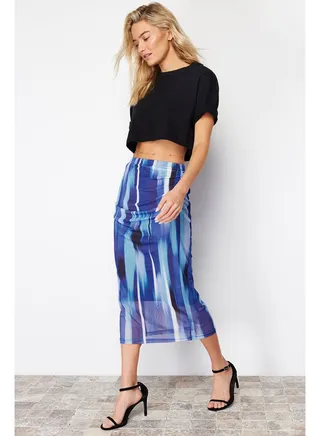 Blue Printed Tulle Fitted High Waist Lined Midi Knitted Skirt TWOSS23ET00148 