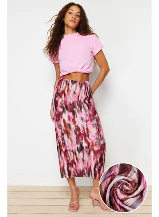 Red Printed Pleat Maxi Knitted Skirt TWOSS24ET00055 