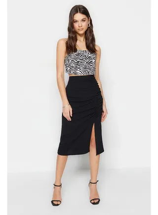 Black Drape and Slit Detailed Crepe Midi Knitted Skirt TWOSS23ET00316 